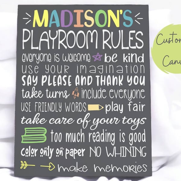 Kids Rules Sign For Wall, Personalized Playroom Rules Sign For Kids, Playroom Wall Decor, Kids Playroom Sign Custom, Gift For Kids Rooms