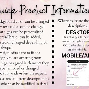 A white background with black text that reads: "Quick Product Information" and bullet points about customization options and where to find item descriptions on desktop and mobile.