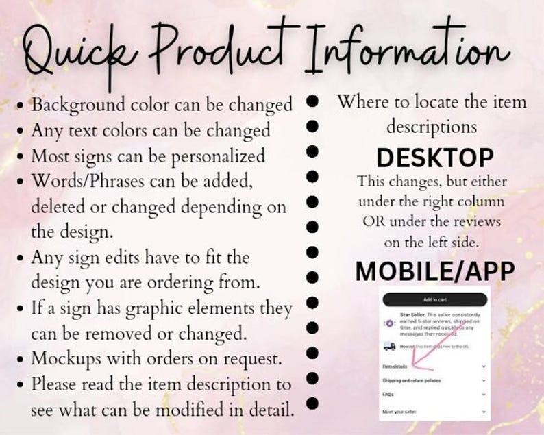 A white background with black text that reads: "Quick Product Information" and bullet points about customization options and where to find item descriptions on desktop and mobile.