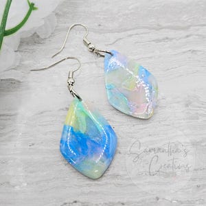 Blue, Mint, Pink & Yellow Marble Polymer Clay Dangle Earrings, Silver Fish Hook Earrings, Handmade Lightweight Statement Jewelry