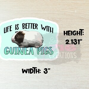 Op de afbeelding: Een sticker met een lichtblauwe achtergrond en witte tekst die "Het leven is beter met cavia's" luidt. Een cartooncavia bevindt zich in het midden van de sticker. De sticker is 3 inch breed en 2,131 inch hoog.