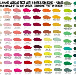 A grid of 50 color swatches with corresponding color names and numbers, ranging from light to dark shades of various colors.