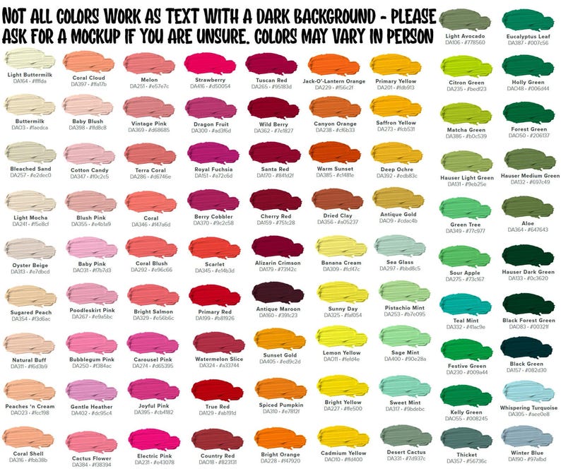 A grid of 50 color swatches with corresponding color names and numbers, ranging from light to dark shades of various colors.