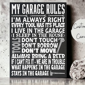 Funny Garage Rules Canvas Sign: Man Cave Decor, Mechanic Gift