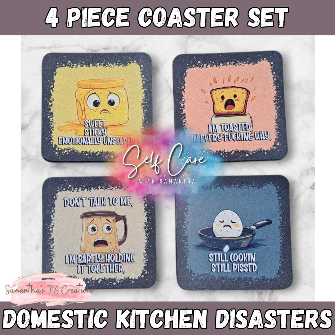 Funny Rude Quote Coasters With Stressed Kitchen Objects - Set of 4 ...