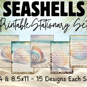 Seashell Stationary, Coastal Stationary Set, Printable Grunge Paper, Beach Theme, Digital Download, Lined Writing Paper, Letter Writing Set