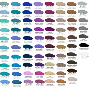 A grid of 50 color swatches with corresponding color names and numbers, ranging from light to dark shades of various colors, including blues, purples, browns, and grays.