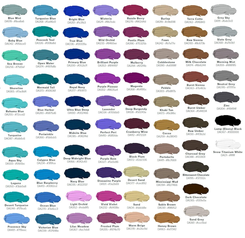 A grid of 50 color swatches with corresponding color names and numbers, ranging from light to dark shades of various colors, including blues, purples, browns, and grays.