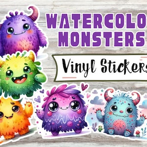 Cute Monsters Vinyl Stickers, Kid Stickers, Watercolor Stickers, Die Cut, Laptop Stickers, Water Bottle Sticker, Decorative Sticker