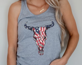 4th Of July Tank Sublimated Design Cow Skull Tank Top Barbwire Skull Patriotic Racerback Boho Tank Top Women/'s Racerback Skull Tank