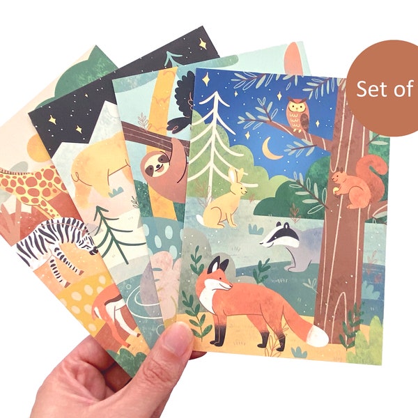 Set Illustrated Postcards - Safari, Arctic, Jungle and Woodland Animals - a6 Format