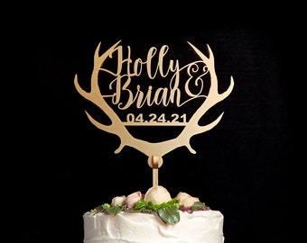 Wedding Antler Deer Cake Toppers, Cake Topper Gold Monogram Cake Topper, Gold Monogram Cake Topper, Initials cake topper, CT-20-4