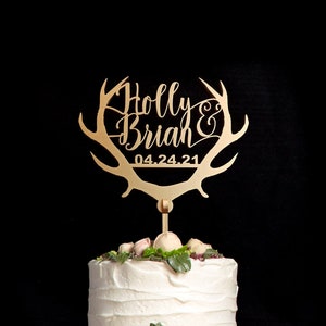 Wedding Antler Deer Cake Toppers, Cake Topper Gold Monogram Cake Topper, Gold Monogram Cake Topper, Initials cake topper, CT-20-4 image 1