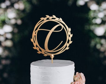 Gold Monogram Wedding Cake Topper Letter C, Wood Monogram Cake Toppers, Initials Wedding Cake Topper, Personalized Gold Monogram Cake Topper