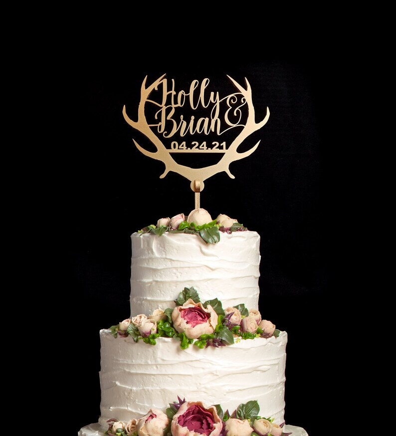 Wedding Antler Deer Cake Toppers, Cake Topper Gold Monogram Cake Topper, Gold Monogram Cake Topper, Initials cake topper, CT-20-4 image 1