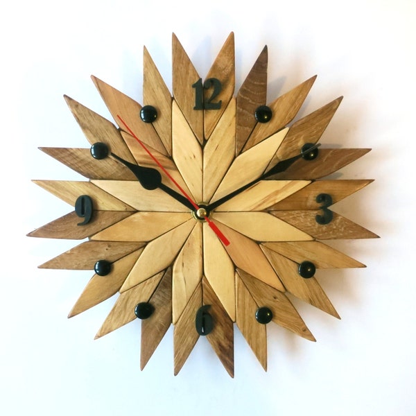 Houten Wandklok, kunst klok, bureauklok, starburst klok (N2)