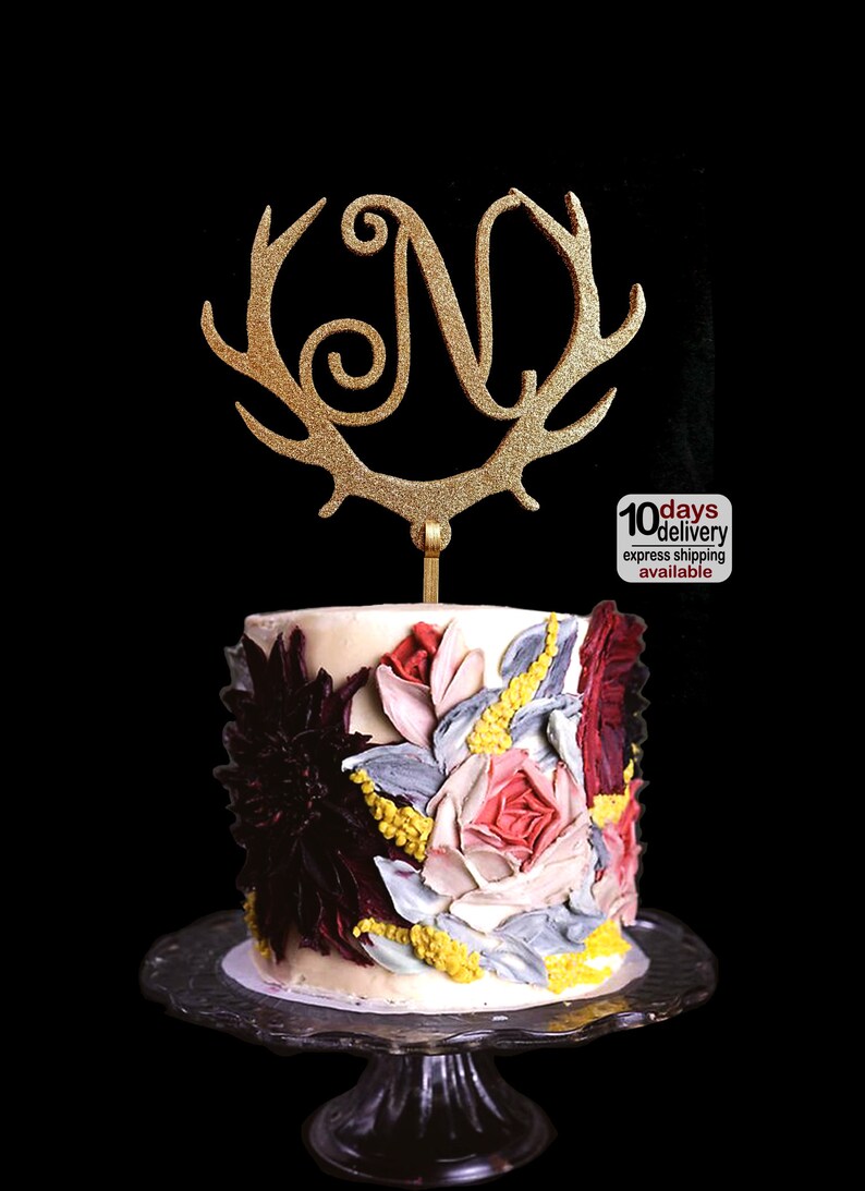 Wedding Antler Deer Cake Toppers, Cake Topper Gold Monogram Cake Topper, Gold Monogram Cake Topper, Initials cake topper, CT-20-4 image 5