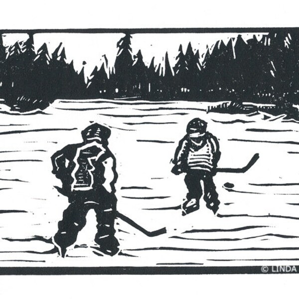 Pond Hockey, Linocut Relief Print, Hand Pulled Fine Art, Limited Edition, Printmaking Original