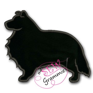 May include: Black silhouette of a Shetland Sheepdog, a breed of dog known for its herding instincts and fluffy coat.