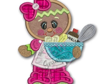 May include: A gingerbread person with a pink bow and green and white striped dress holds a blue bowl with vanilla extract and a whisk.