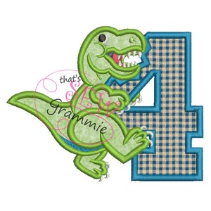 May include: A green dinosaur embroidery design with a blue outline, posed next to a number four. The number four is filled with a blue and tan plaid pattern and outlined in blue. The text "that's Sew Grammie" is in the image.
