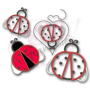 May include: Four embroidered ladybug designs in black, red, and white. The ladybugs are in different poses, including a heart shape.