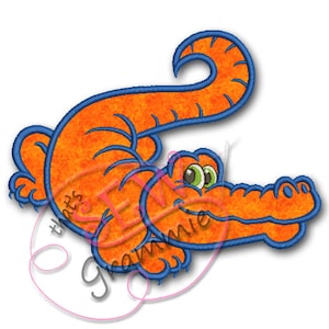 May include: An orange alligator with blue outlines, smiling with green eyes. The alligator is in a playful pose with its tail curled up.