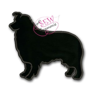 Op de afbeelding: Zwarte silhouet van een Border Collie hond. Het silhouet is een eenvoudige omtrek van de vorm van de hond.