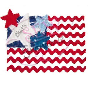 May include: A red, white, and blue American flag with a wavy pattern. The flag is decorated with blue and white stars.