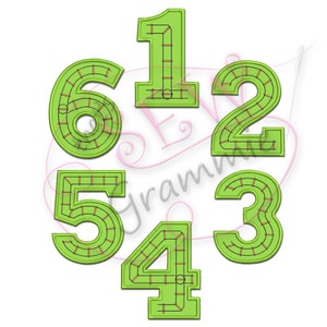 May include: A collection of green embroidered numbers 1 through 6. Each number has a black outline and a red stitched pattern inside. The numbers are arranged in a circular pattern against a white background.