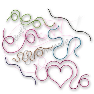 May include: A digital embroidery design featuring a heart shape and several wavy lines in various colors, including pink, green, blue, brown, and black.
