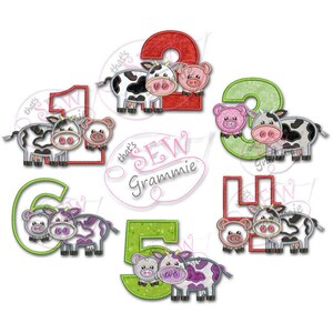 May include: A collection of embroidered numbers 1 through 5, each featuring a cow and a pig. The numbers are in red, green, and orange, with the animals in black and white, pink, and purple. The text "that's SEW Grammie" is also present.