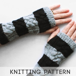 Striped Fingerless Gloves Knitting Pattern PDF | Long Cable Knit Wrist Warmers Pattern - Digital Download