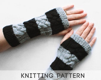 May include: A pair of black and grey striped knit fingerless gloves. The gloves have a cable knit pattern.
