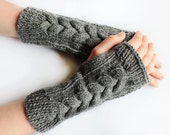 Cable Knit Fingerless Gloves in Grey, Knitted Fingerless Mittens, Long Gloves Knit Arm Warmers Wrist Warmers Womens Accessory, Ladies Gloves