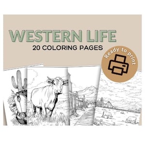 Western Life Coloring Book Printable, Cowboy & Cowgirl Coloring Pages, Rodeo, Horses, Country Farm Life, Digital Download Coloring Sheets