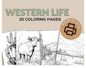 Kolorowanka „Życie w stylu westernu”: kowboj, kowbojka, konie (pobranie cyfrowe, PDF)