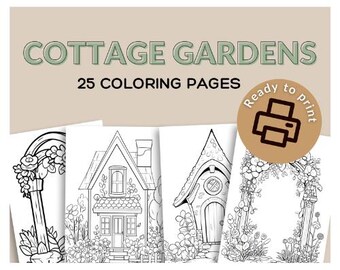 Puede incluir: Una colección de páginas para colorear de Cottage Gardens. La imagen muestra varios dibujos lineales en blanco y negro de escenas de jardín, incluyendo casas, arcos y elementos florales. El texto dice "COTTAGE GARDENS" y "25 PÁGINAS PARA COLOREAR".