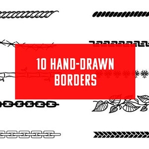 10 Hand-drawn Border Graphics, Clipart, Set 1 - Instant Download - PNG, JPG, PDF, rope, chain, vines for design and scrapbooking