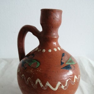 Vintage Romanian antique country pitcher clay jug pot carafe, traditional rustic pottery, folk art, handmade, paint glaze handcraft 30s