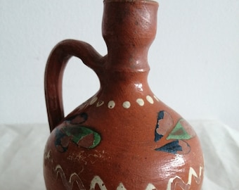 Vintage Romanian antique country pitcher clay jug pot carafe, traditional rustic pottery, folk art, handmade, paint glaze handcraft 30s