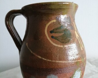 Romanian antique country pitcher clay jug pot, traditional rustic pottery carafe, folk art, handmade  wine water, paint glaze handcraft 30s