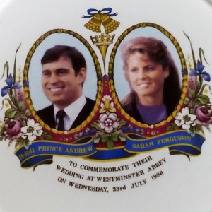 Vintage commemorative plate British ceramic of Prince Andrew and Sarah Ferguson royal wedding, collectible pottery from 1986 image 2