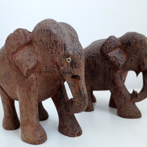 Vintage pair of wood elephants, elephant sculpture, wooden elephants statue, handmade and hand carved