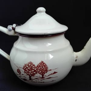 Vintage retro Romanian enamel tea coffee kettle, kitchen table serving, teapots kettles, enamelware, witchy witch, drink makers, 0.6l