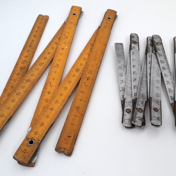 Vintage extension metal and wood rulers 100 centimeters, geometry measuring sliding 1 metre, Romanian sliding, industrial folding mechanism