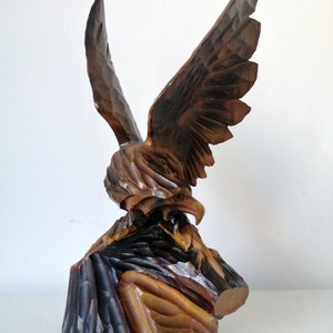 Vintage vulture eagle hawk wood sculpture, Romanian wooden statue, handmade hand carved, home decor