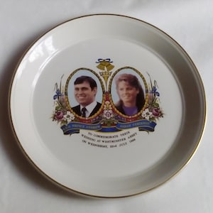 Vintage commemorative plate British ceramic of Prince Andrew and Sarah Ferguson royal wedding, collectible pottery from 1986 image 1