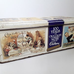 Vintage Cadburys collectable tin box 100 years of chocolate covered biscuits 1980s advertising England