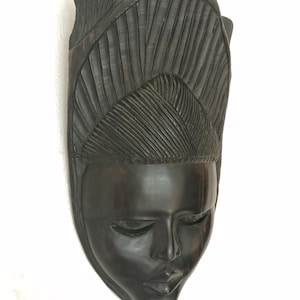 Vintage African black tribal mask sculpture, hard wood handmade totem, Africa sculptures, woman mother queen, wall hangings figure